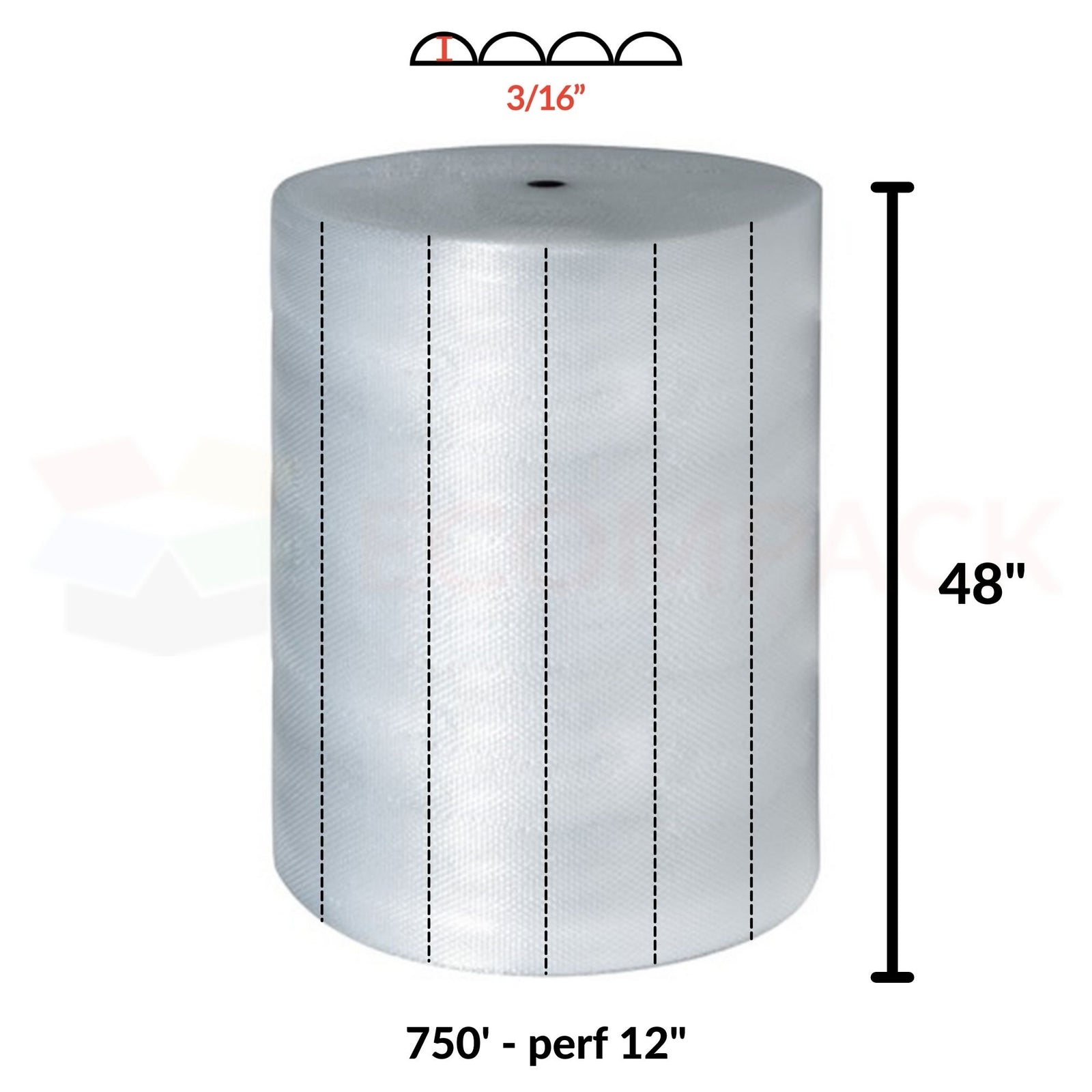 3/16" Bubble Roll 48" x 750' Clear Perf 12"