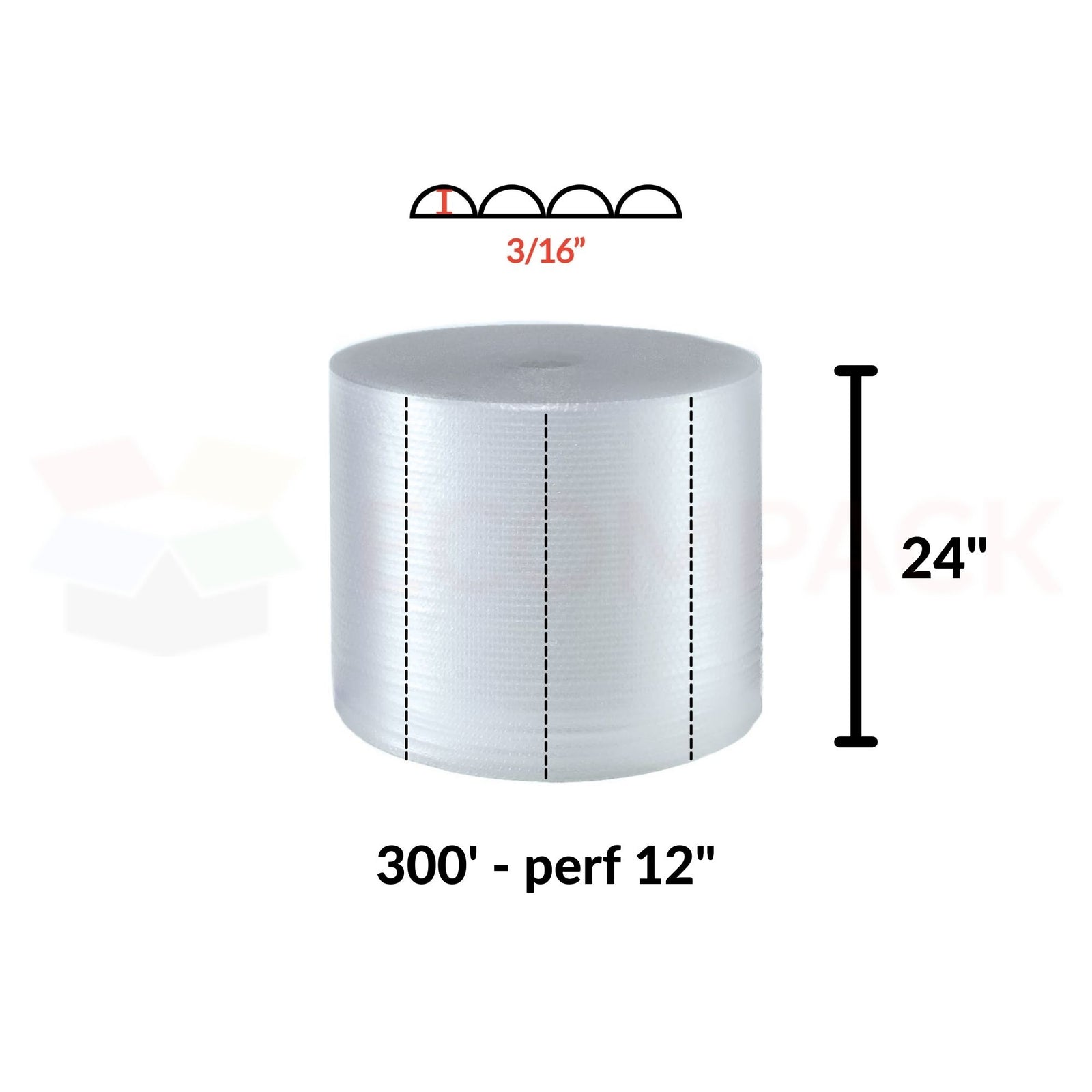 3/16" Bubble Rolls 24" x 300' Clear 12" Perf