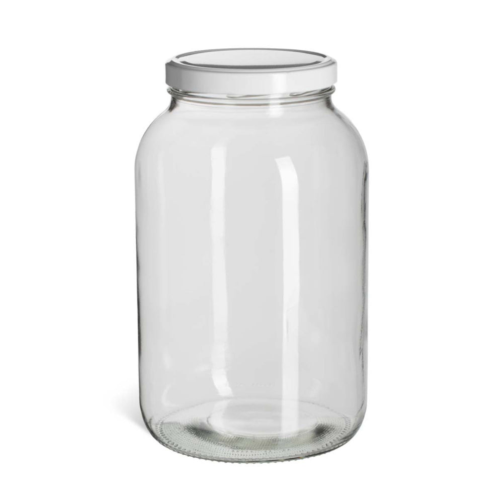 64oz Wide-Mouth Glass Jars w/ White Metal Cap Clear 6/cs
