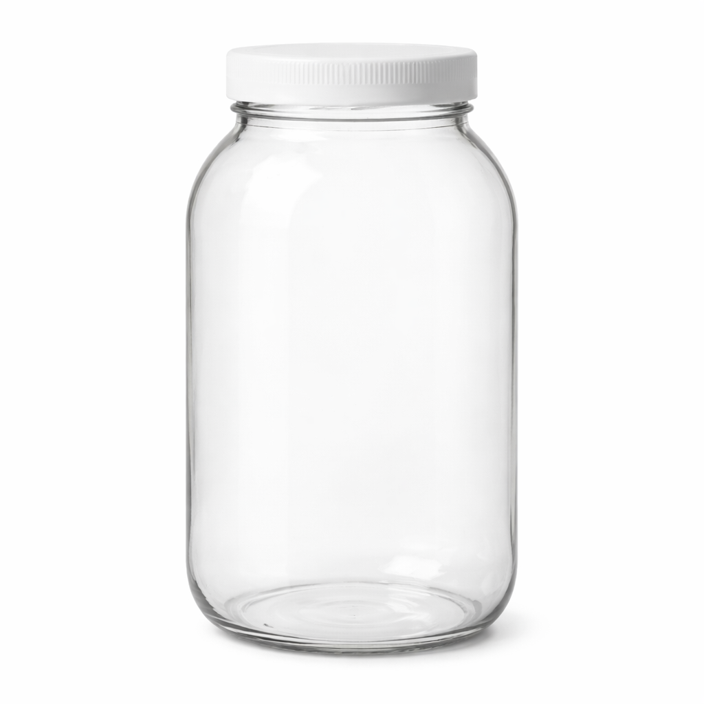 64oz Wide-Mouth Glass Jars w/ White Plastic Lids Clear 6/cs