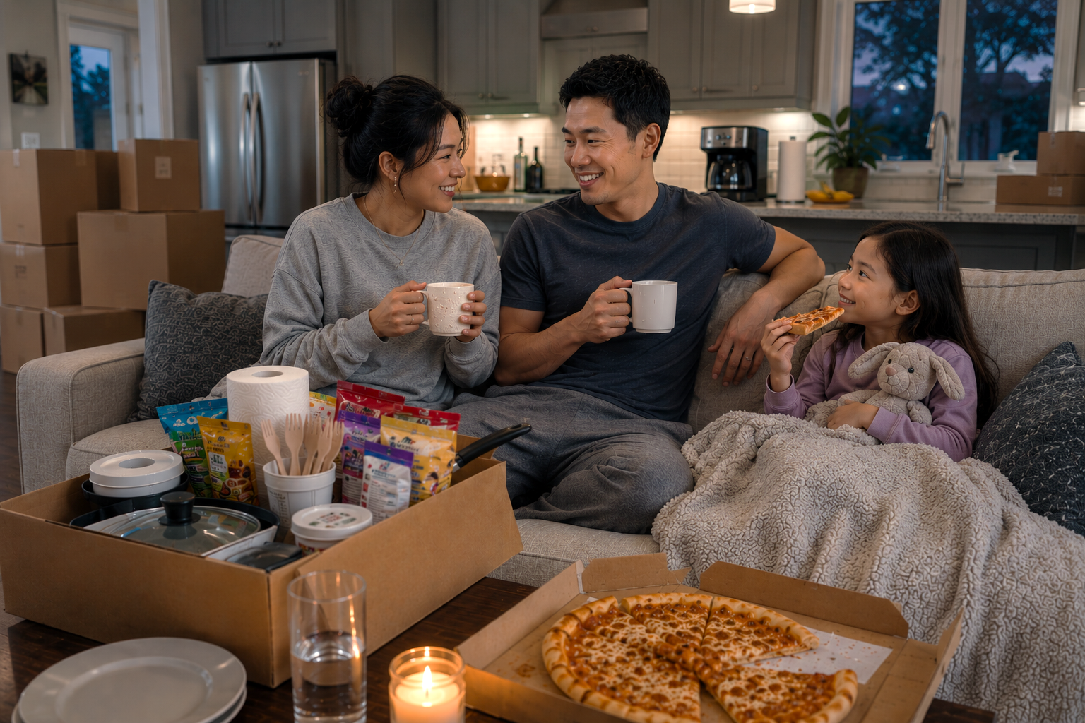 Family on first night in new house