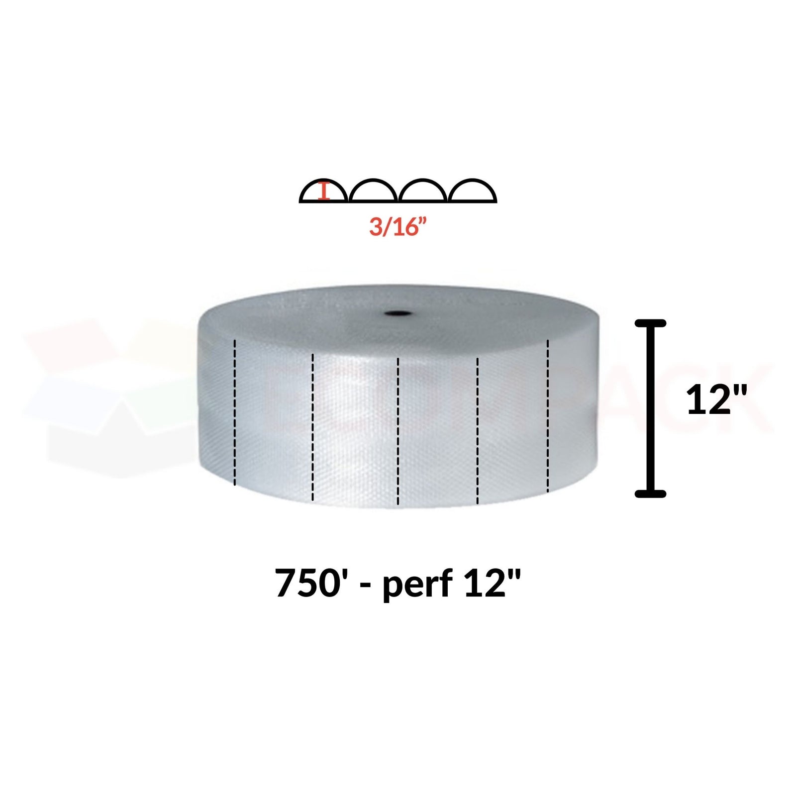 3/16" Bubble Roll 12" x 750' Clear Perf 12"