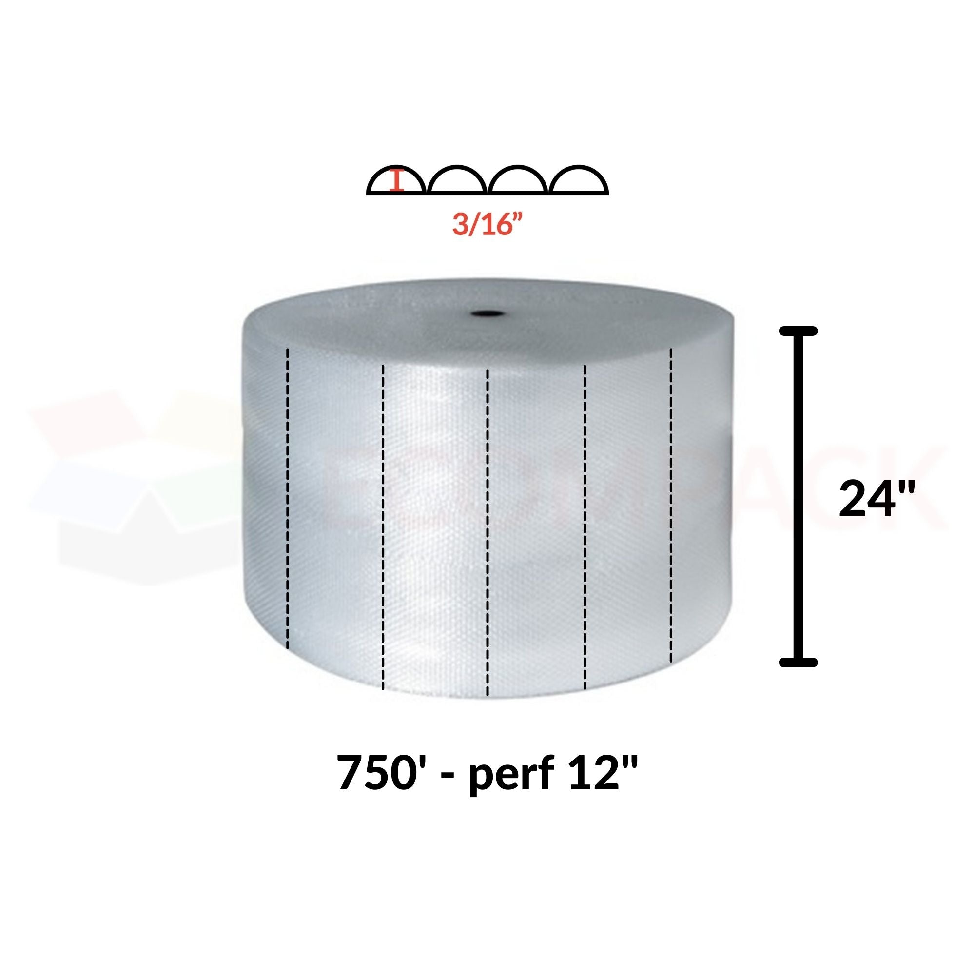 3/16" Bubble Rolls 24" x 750' Clear 12" Perf