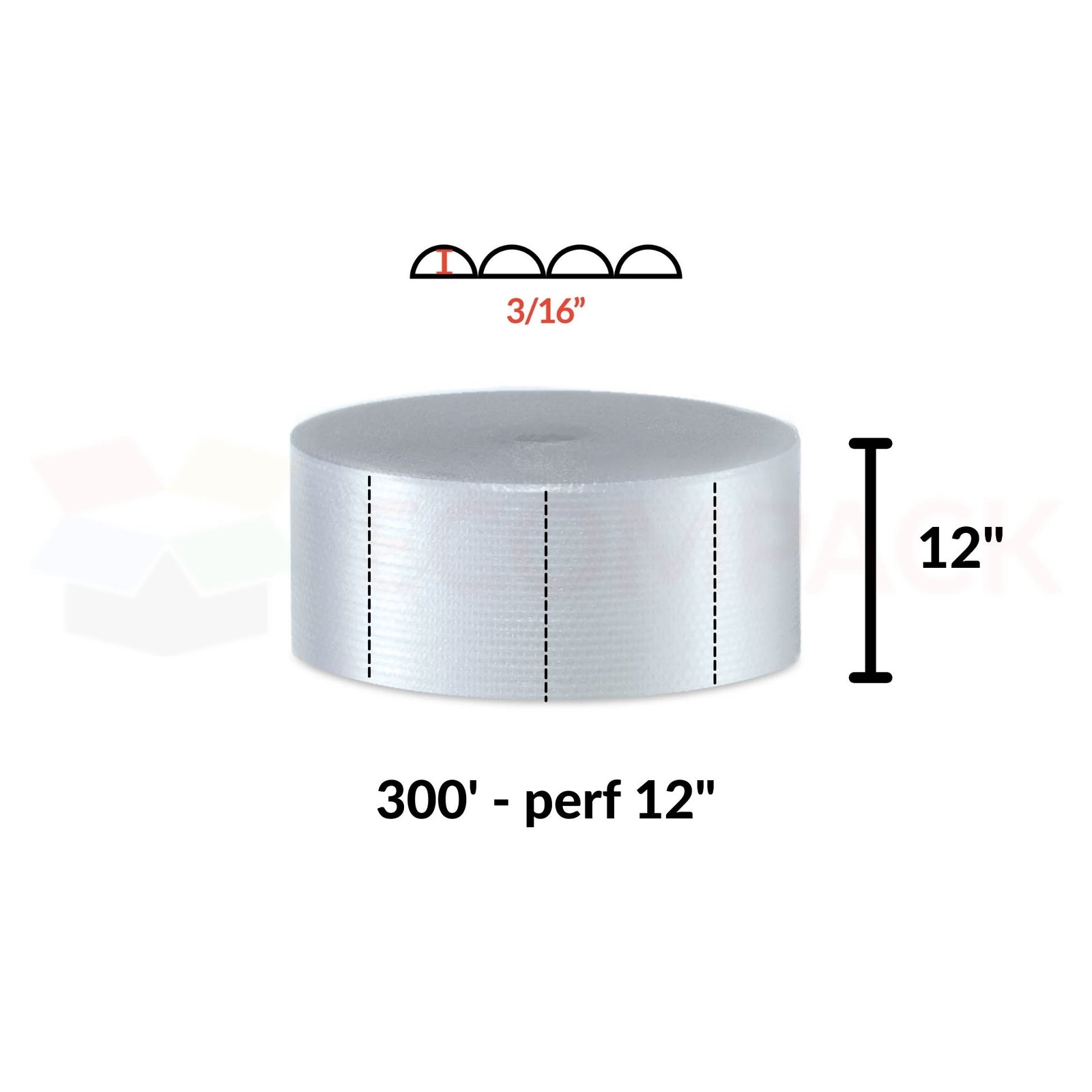 3/16" Bubble Roll 12" x 300' Clear 12" Perf