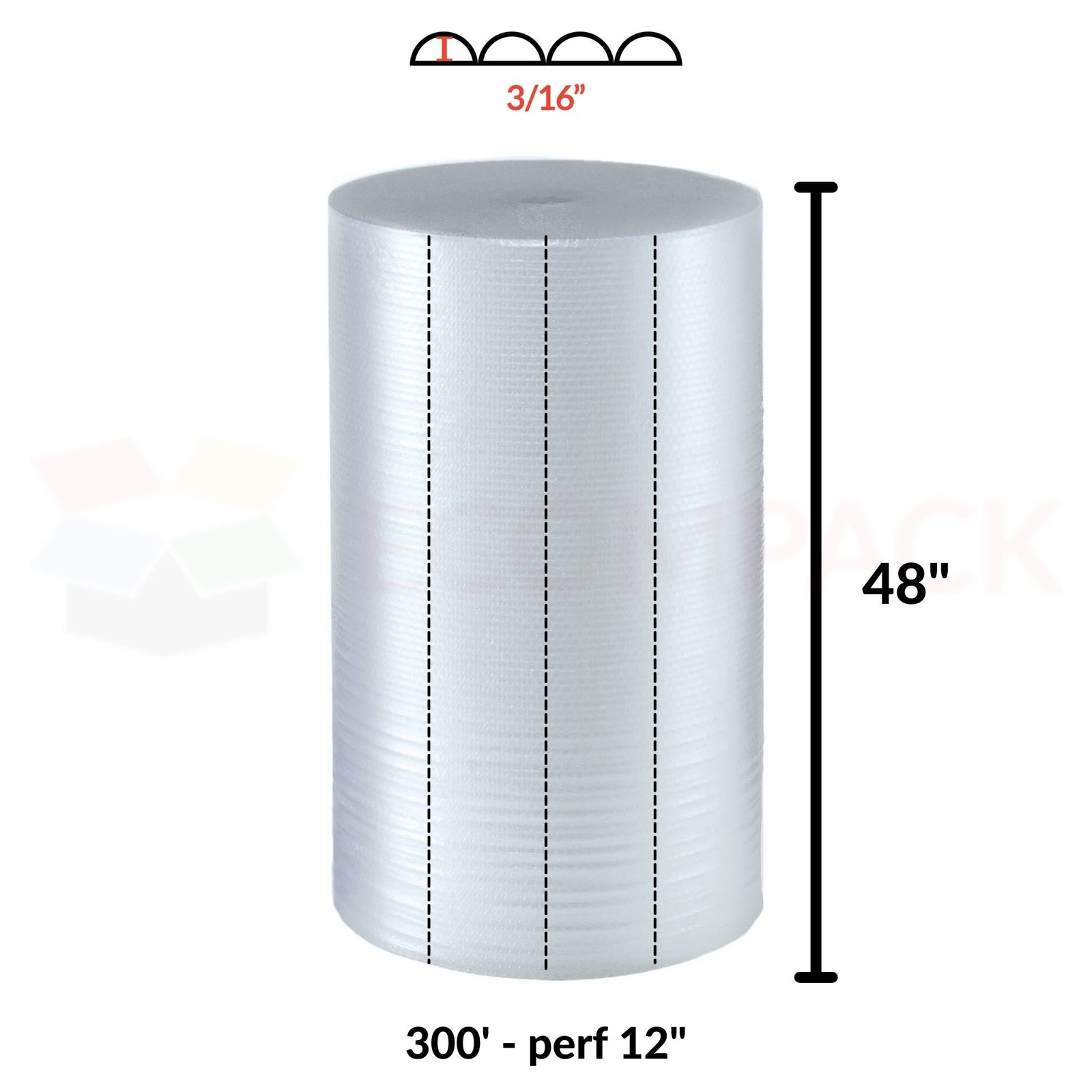 3/16" Bubble Roll 48" x 300' Clear 12" Perf