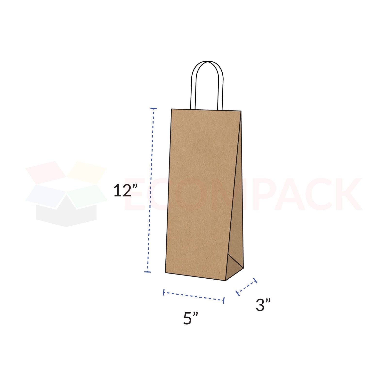 Kraft Brown Paper Bags with Handles 5" x 3" x 12" 250/cs