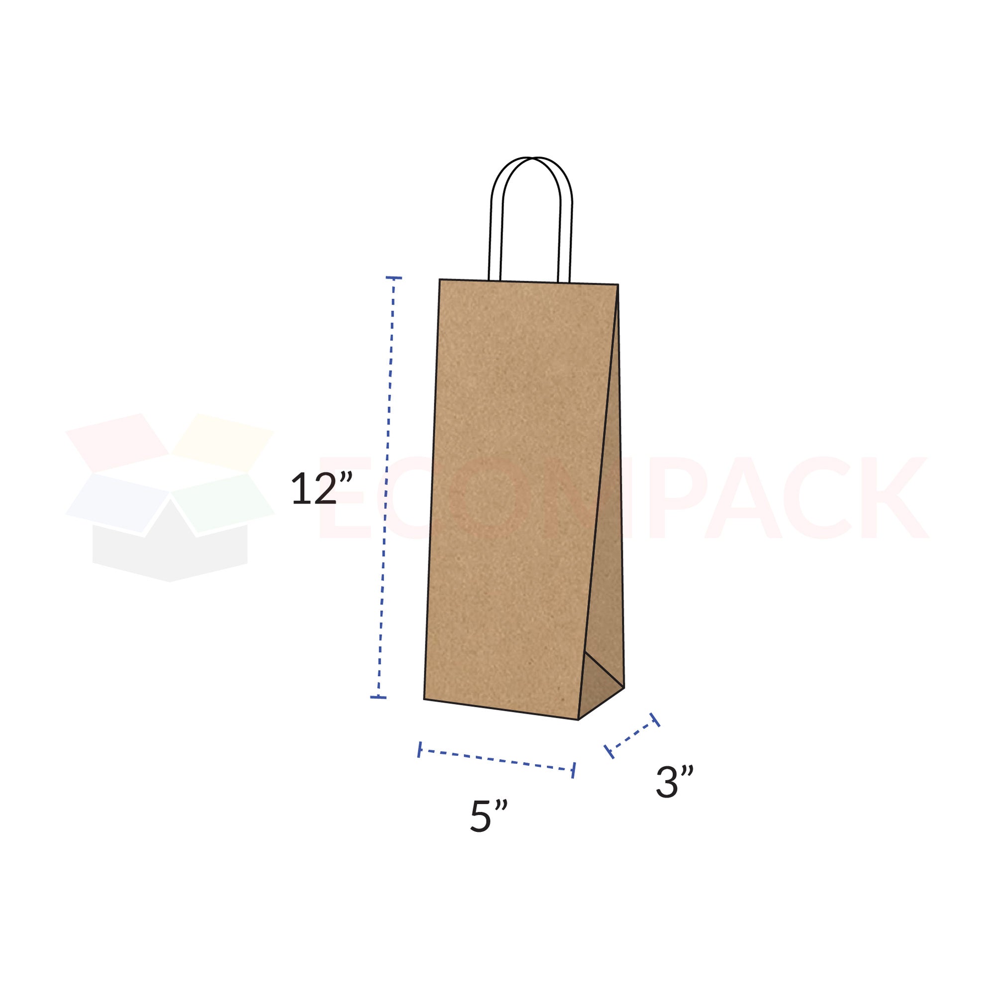 Kraft Brown Paper Bags with Handles 5" x 3" x 12" 250/cs