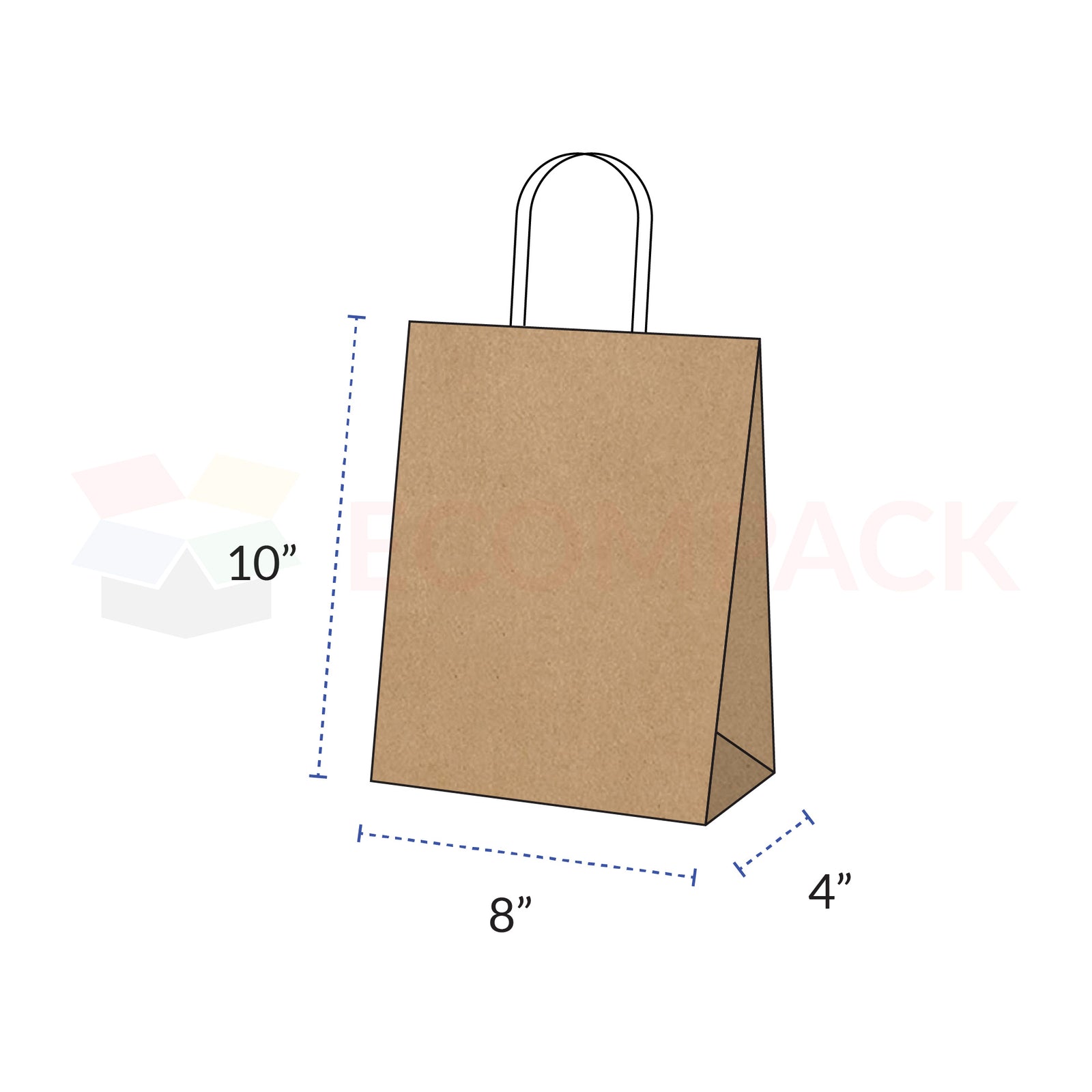 Kraft Brown Paper Bags with Handles 8" x 4" x 10" 250/cs